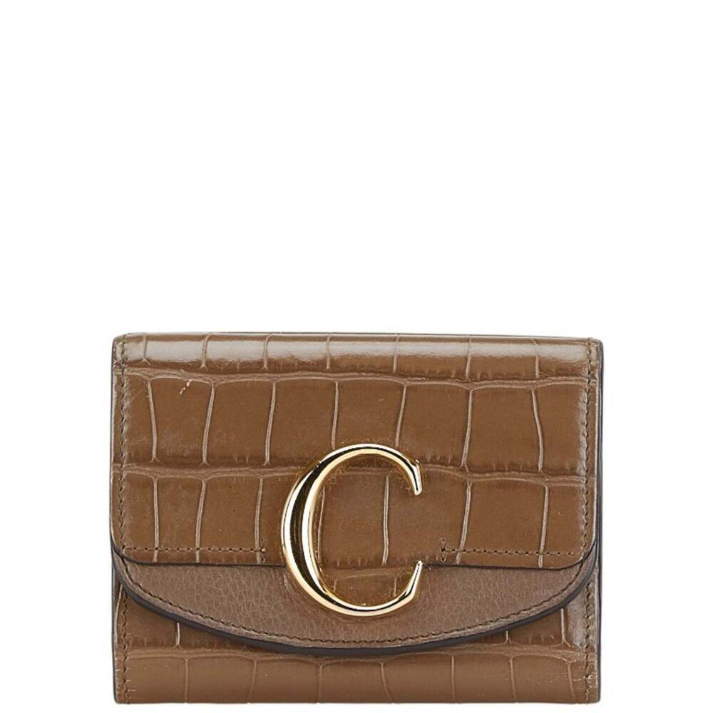 Chloé Chloe Crocodile Embossed Tri-fold Wallet Brown Leather Women's